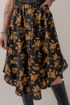 Black Printed Elastic Waist Button Decor Floral Ruffle Skirt-Bottoms-MomFashion