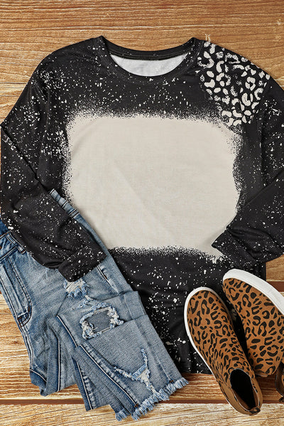 Black Retro Bleached Leopard Spot Pullover-Tops-MomFashion