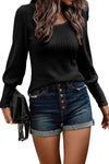 Black Ribbed Bishop Sleeve Round Neck Top-Tops-MomFashion