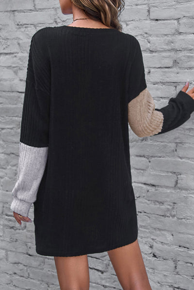 Black Ribbed Color Block Drop Shoulder Long Sleeve Mini Dress-Dresses-MomFashion