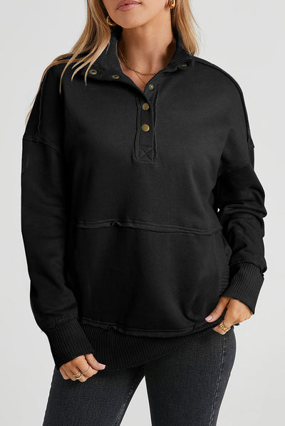 Black Ribbed Hem Snap Button Neckline Sweatshirt with Pocket-Tops-MomFashion