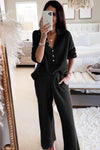 Black Ribbed Knit Collared Henley Top and Pants Lounge Outfit-Loungewear-MomFashion