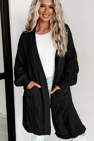 Black Ribbed Trim Eyelet Cable Knit Cardigan-Tops-MomFashion