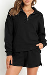 Black Ribbed Zipper Sweatshirt and High Waist Shorts Set-Loungewear-MomFashion