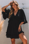 Black Ruffled 3/4 Sleeve V Neck Babydoll Mini Dress-Dresses-MomFashion