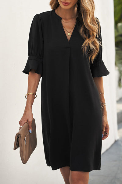 Black Ruffled Sleeve Shift Dress-Dresses-MomFashion