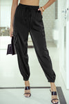 Black Satin Pocketed Drawstring Elastic Waist Pants-Bottoms-MomFashion