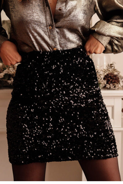 Black Sequin Bodycon Mini Skirt-Bottoms-MomFashion