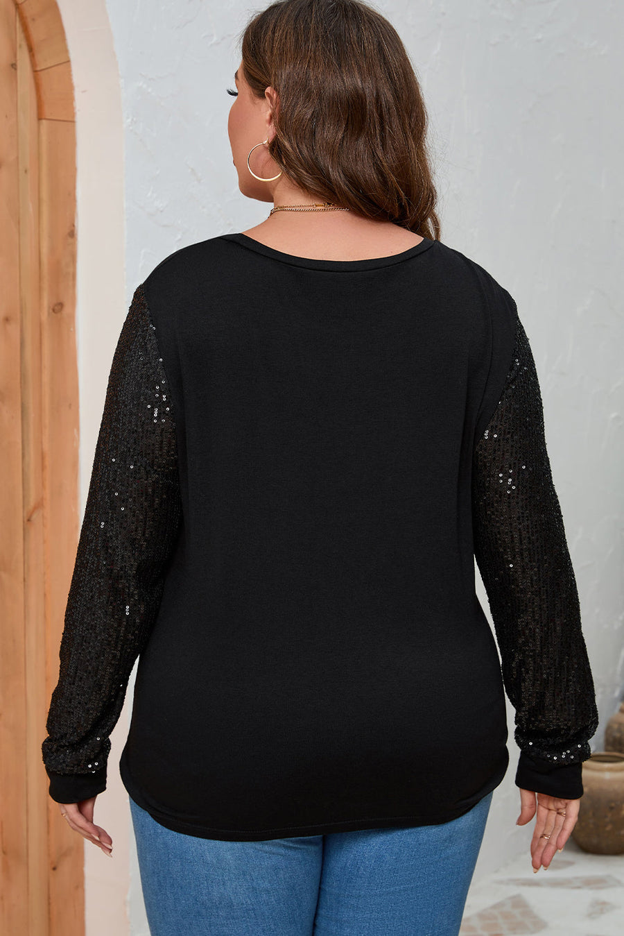 Black Sequin Contrast Long Sleeve Plus Size Top-Plus Size-MomFashion