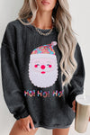 Black Sequin HO HO HO Santa Claus Graphic Corded Sweatshirt-Graphic-MomFashion