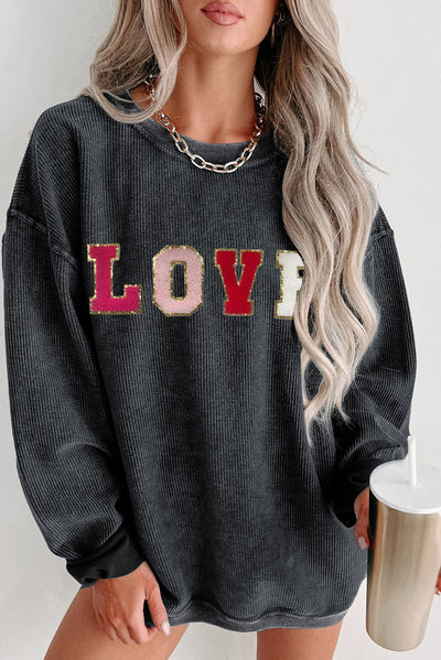 Black Sequin LOVE Chenille Embroidered Graphic Corded Sweatshirt-Graphic-MomFashion