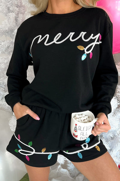 Black Sequin Merry Graphic Pullover and Shorts Outfit-Two Piece Sets/Short Sets-MomFashion