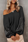 Black Sequin Patchwork Sleeve Open Back Waffle Knit Top-Tops-MomFashion