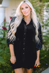 Black Sequin Puff Sleeve Buttoned Velvet Peplum Shirt-Tops-MomFashion