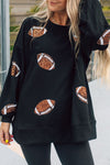 Black Sequin Rugby Graphic Pullover Sweatshirt-Tops-MomFashion