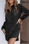 Black Sequin Splicing Pocket Buttoned Shirt Dress-Dresses-MomFashion