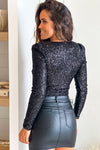 Black Sequin V Neck Zipped Long Sleeve Bodysuit-Tops-MomFashion