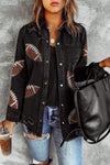 Black Sequined Rugby Graphic Frayed Denim Shacket-Outerwear-MomFashion