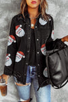 Black Sequined Santa Claus Graphic Frayed Denim Jacket-Outerwear-MomFashion