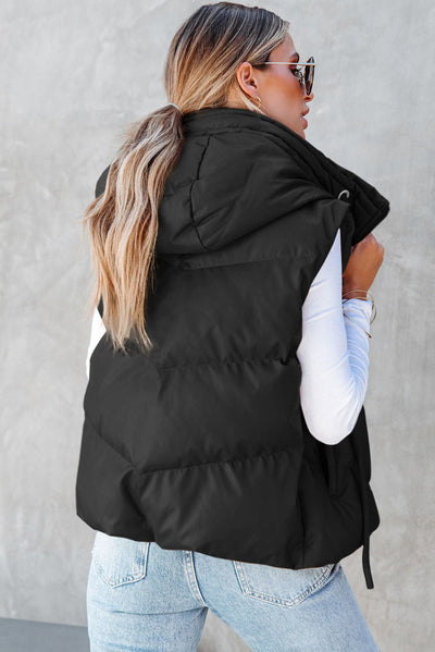 Black Sleek Quilted Puffer Hooded Vest Coat-Outerwear-MomFashion