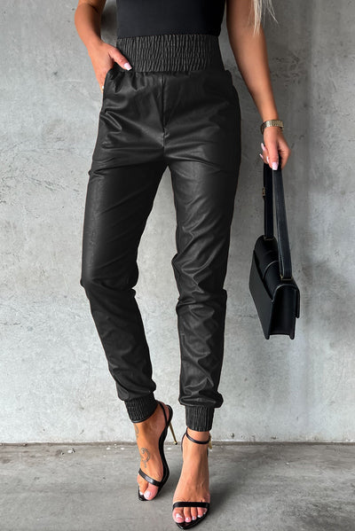 Black Smocked High-Waist Leather Skinny Pants-Bottoms-MomFashion