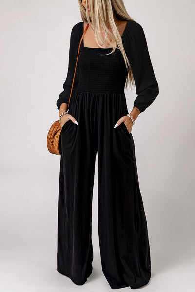 Black Smocked Square Neck Long Sleeve Wide Leg Jumpsuit-Bottoms-MomFashion