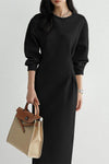 Black Solid Color Cinched Waist Long Sleeve Maxi Dress-Dresses-MomFashion