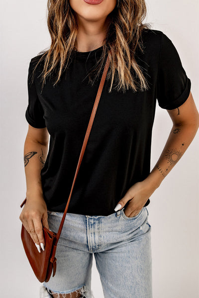 Black Solid Color Crew Neck Tee-Tops-MomFashion