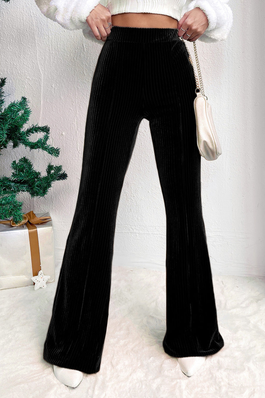 Black Solid Color High Waist Flare Corduroy Pants-Bottoms-MomFashion
