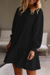 Black Solid Color Puff Sleeve Ruffle Hem Mini Dress-Dresses-MomFashion