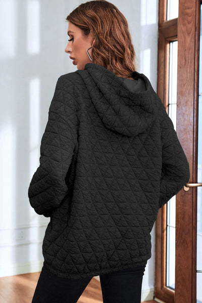 Black Solid Color Quilted Kangaroo Pocket Hoodie-Tops-MomFashion