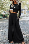 Black Solid Color Ribbed Crop Top Long Pants Set-Loungewear-MomFashion