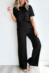 Black Solid Color T Shirt 2pcs Wide Leg Pants Set-Two Piece Sets/Pant Sets-MomFashion