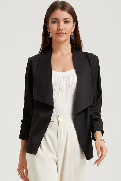 Black Solid Lapel Collar Satin Blazer-Outerwear-MomFashion