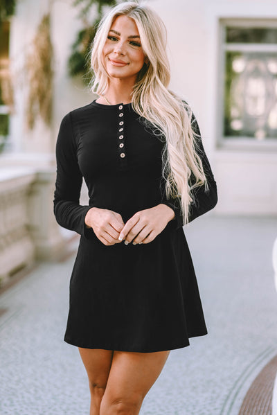 Black Solid Long Sleeve Henley Dress-Dresses-MomFashion