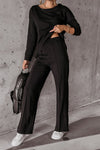 Black Solid Pullover and Seamed Casual Pants Set-Loungewear-MomFashion