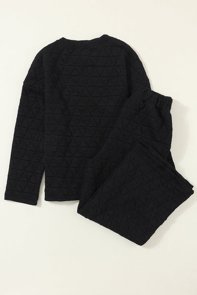 Black Solid Quilted Pullover and Pants Outfit-Loungewear-MomFashion