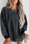 Black Solid Ribbed Knit Round Neck Pullover Sweatshirt-Tops-MomFashion