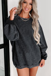 Black Solid Ribbed Knit Round Neck Pullover Sweatshirt-Tops-MomFashion