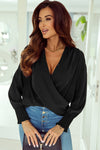 Black Solid Surplice Neck Shirred Cuffs Draped Blouse-Tops-MomFashion