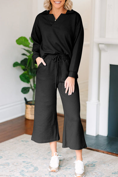 Black Solid Textured Collared V Neck Top and Wide Leg Pants Set-Two Piece Sets/Pant Sets-MomFashion