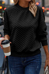 Black Solid Textured Raglan Sleeve Pullover Sweatshirt-Tops-MomFashion
