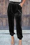 Black Solid Velvet Jogger Pants-Bottoms-MomFashion