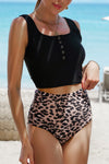 Black Square Neck Sleeveless Fashion Print Tankini Set-Swimwear-MomFashion