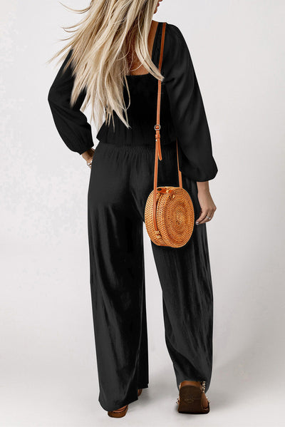 Black Square Neck Smocked Peplum Top and Pants Set-Loungewear-MomFashion