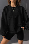 Black Star Embossed Textured Drop Shoulder Sweatshirt-Tops-MomFashion