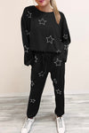 Black Stars Print Long Sleeve Drawstring High Waist Lounge Set-Loungewear-MomFashion