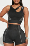Black Strappy Mix Pattern Cutout Bra and Shorts Set-Activewear-MomFashion