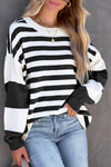 Black Stripe Drop Shoulder Striped Pullover Sweatshirt-Tops-MomFashion