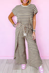 Black Stripe Rainbow Tee Tasseled String Wide Leg Pants Set-Two Piece Sets/Pant Sets-MomFashion